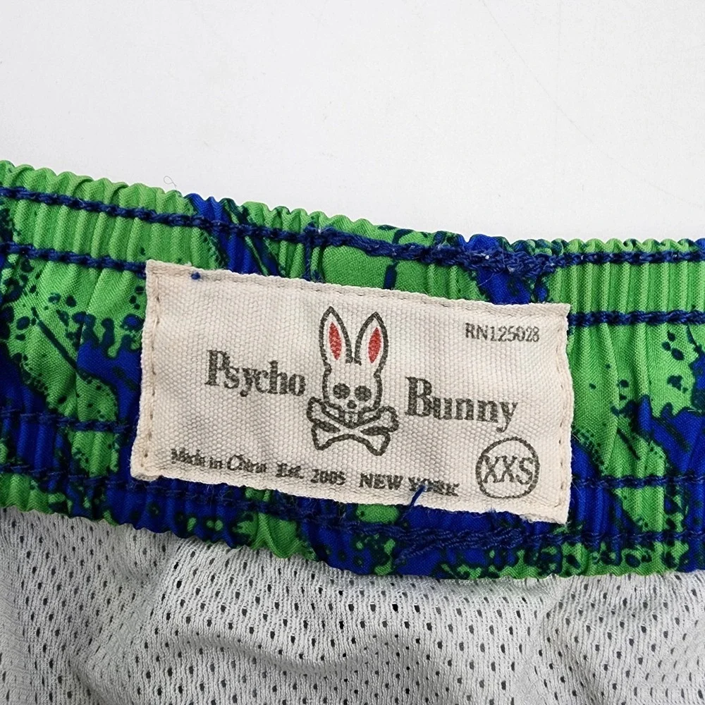 Psycho Bunny Swim Trunks‎ Mens Size XXS Shorts Blue Green Geometric Mesh Lining